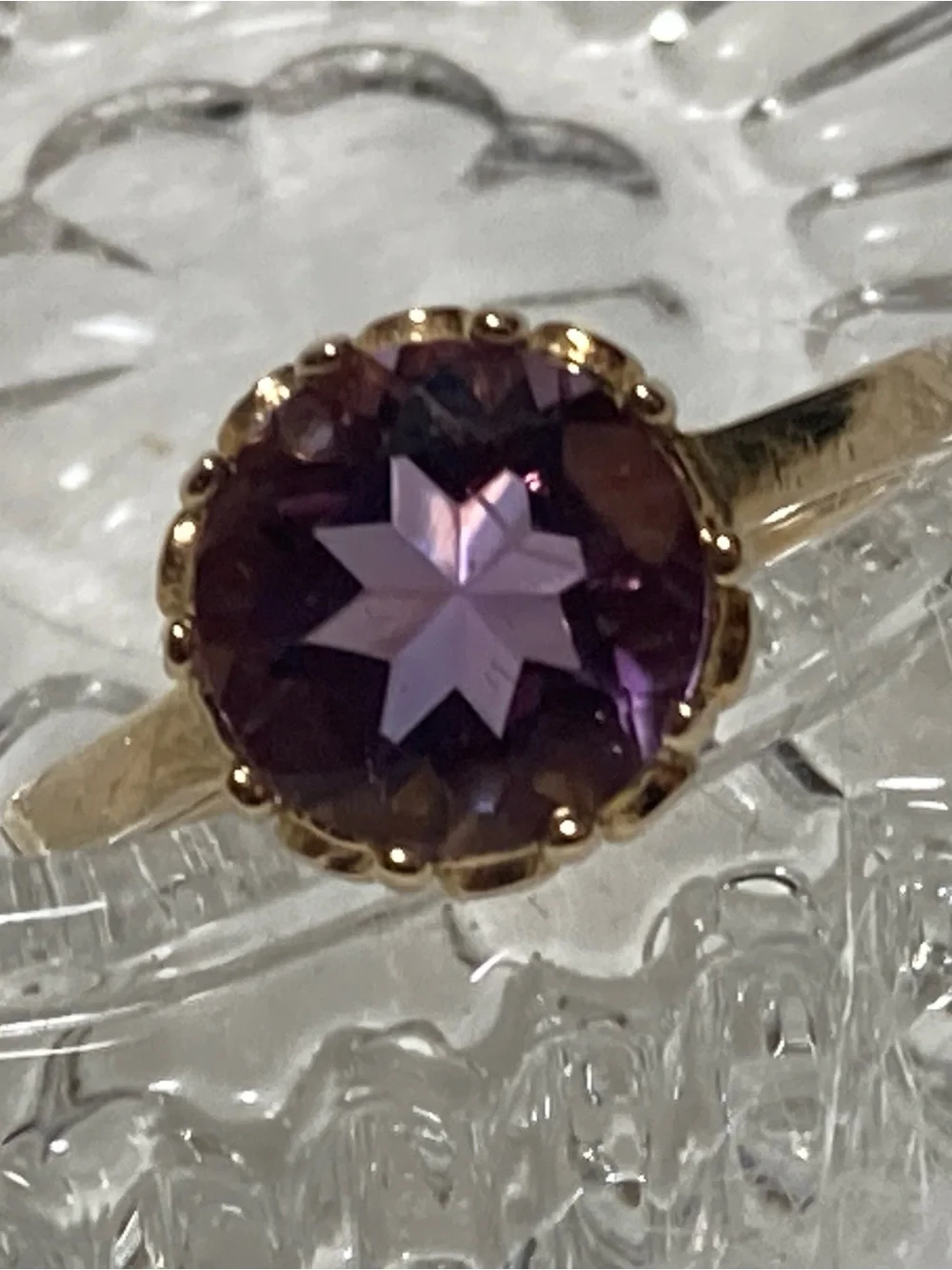 Vintage SS Gold Colored Ring with Purple Round Gemstone